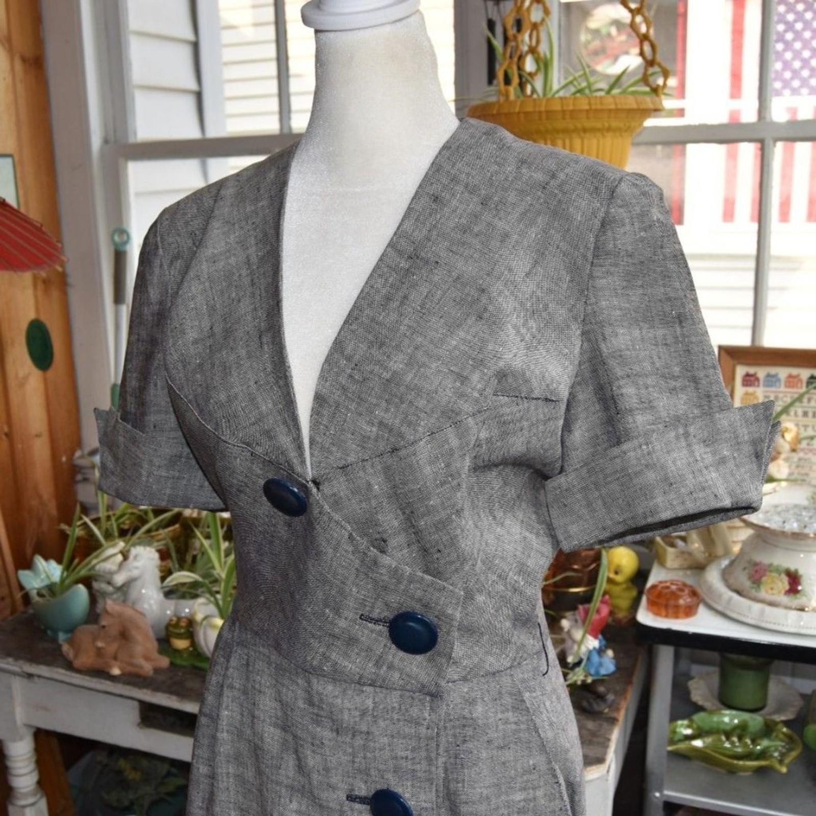 Vintage 60s Georgette Gray Linen Look Sheath Dress S Double Breasted Midi