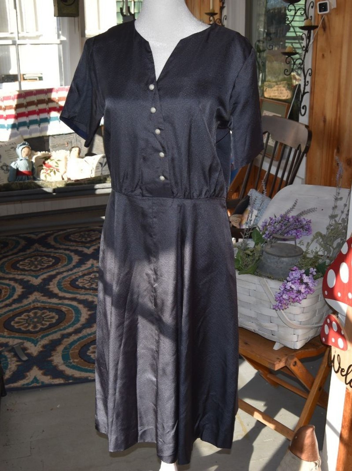 Vintage Handmade 1960s Shirt Dress A-Line Skirt Assymetrical Snap Blue Medium