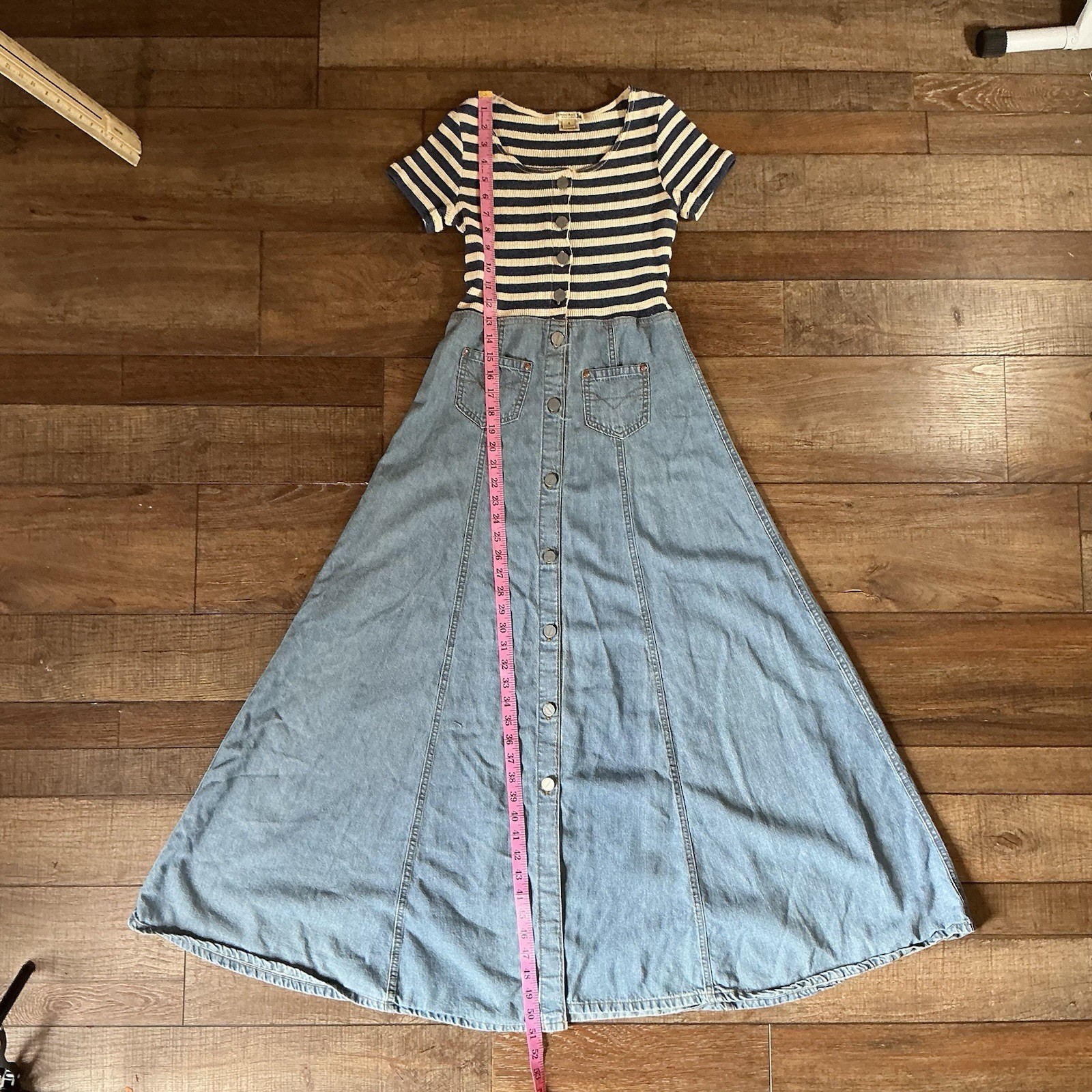 VINTAGE Size 4 Democracy Denim Button Front Dress USA Made Ribbed Striped #17708