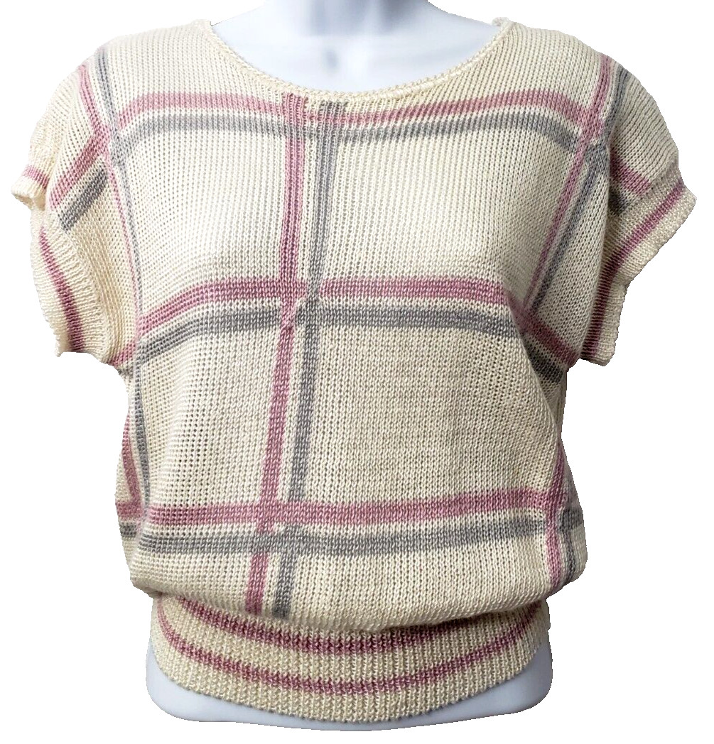 Kawaii Cottage Sweater Knit Top M Easter Ivory Pink Plaid Granny Twee VTG 80s