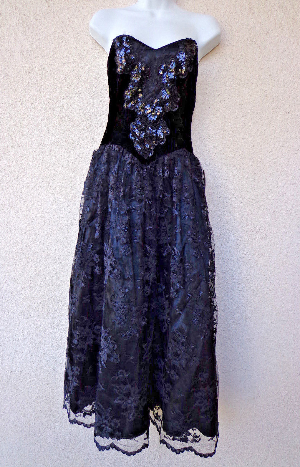 VTG 80s PROM DRESS Strapless Lace Tulle Velvet HUGE BOW Sequins Full Skirt NWT