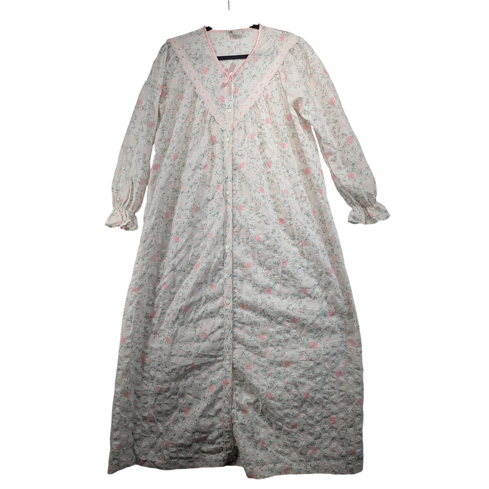 Vintage Appel Robes Floral Nightgown Pink Rosebud Seersucker Button Front Small