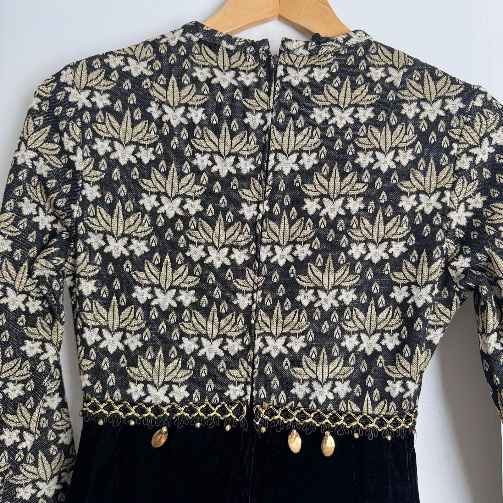 Vintage 60s Gold & Black Baroque Quilt Top & Velvet Skirt Maxi Dress XS 1960s