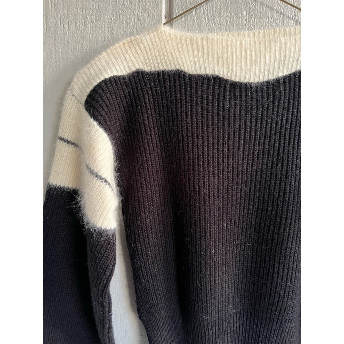Vintage Angora Blend Knit Sweater Black + Cream Contrast Colorblock Size M