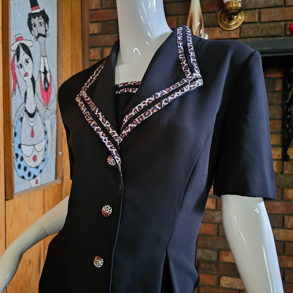 Vintage 90s Sassy Mob Wife Leopard Trim Midi Power Moves Suit Tuxedo Dress M/L