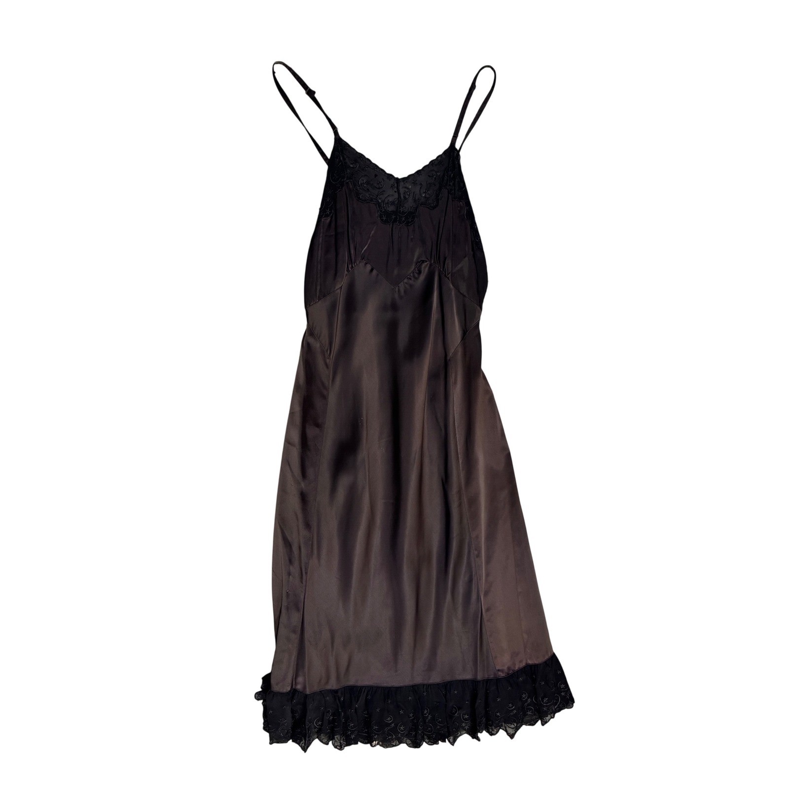 Vintage Miss Swank Rayon Slip Dress Black Celestial Moon Star Lace 34