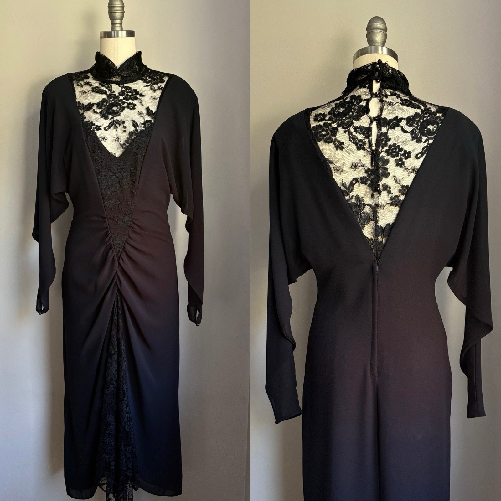 Vintage 80’s Jet Black Plunging Lace Neckline & Back Casadei Ruched Dress Small