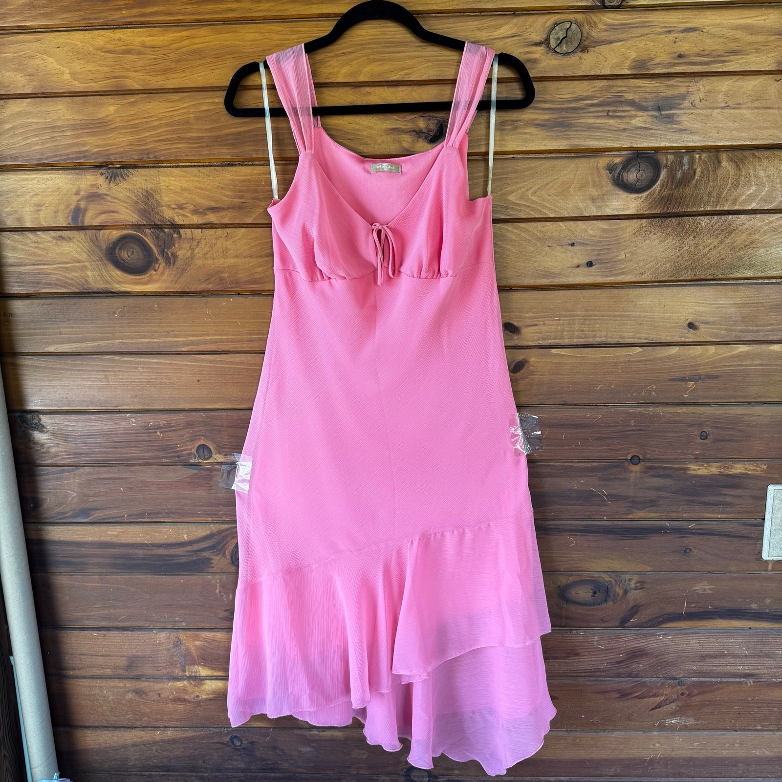 VTG 90s Y2K Pink Chiffon Coquette Fairy Milkmaid Asymmetric Dress Size Large