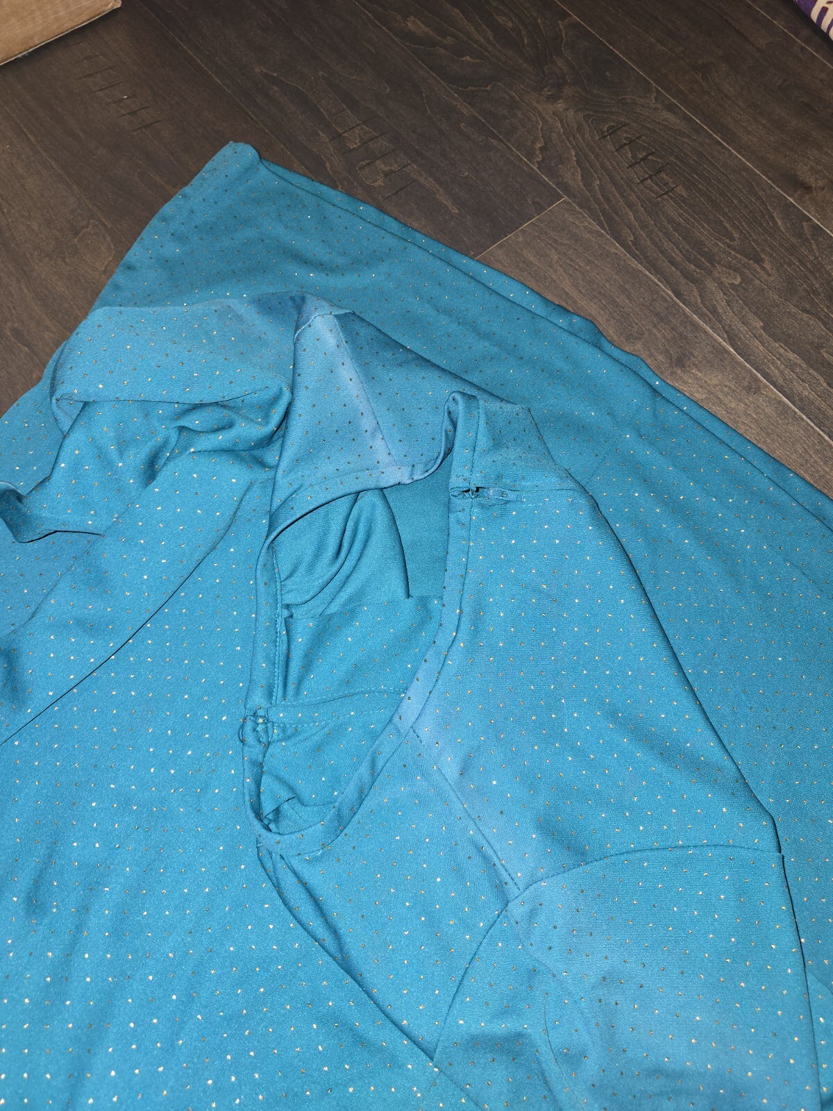 Vintage 60s House Day Dress Teal Gold Dots Frilly sleeves Mod M/L