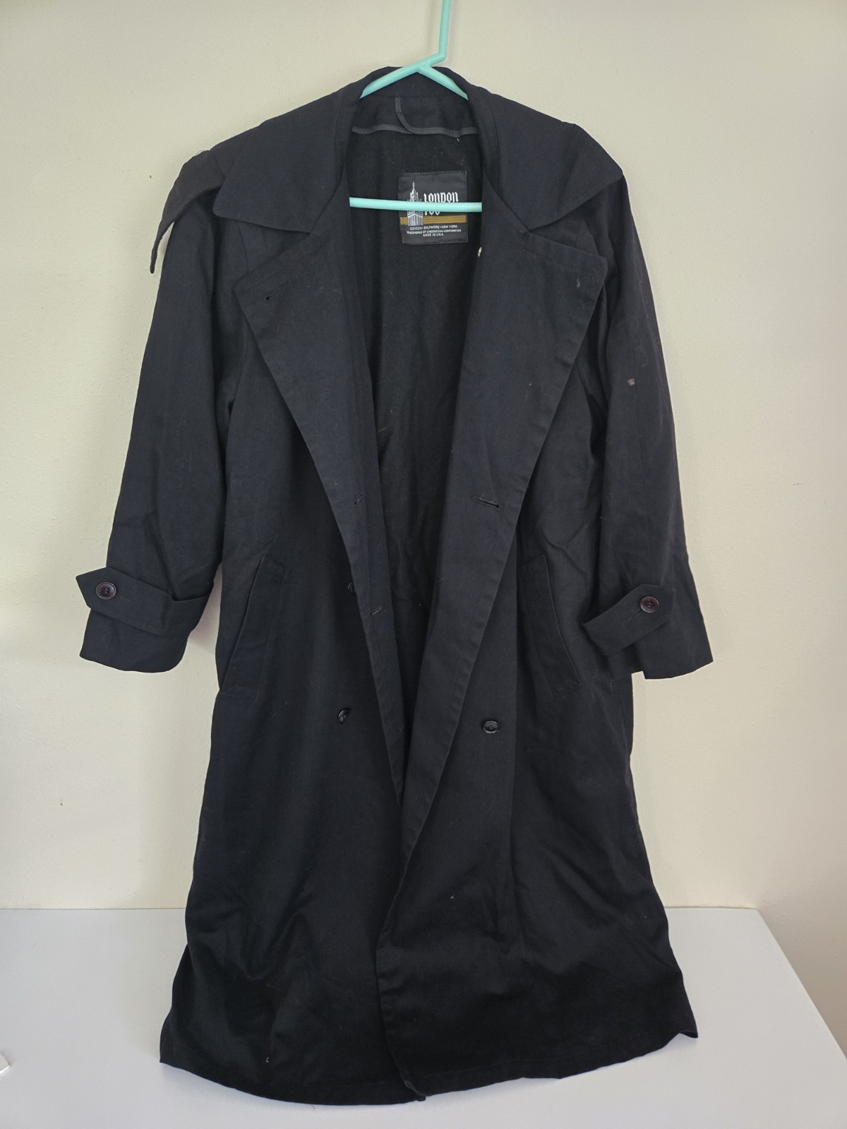 Vintage London Fog Made in USA Lined Black Trench Coat Size 8 Reg FREE SHIPPING