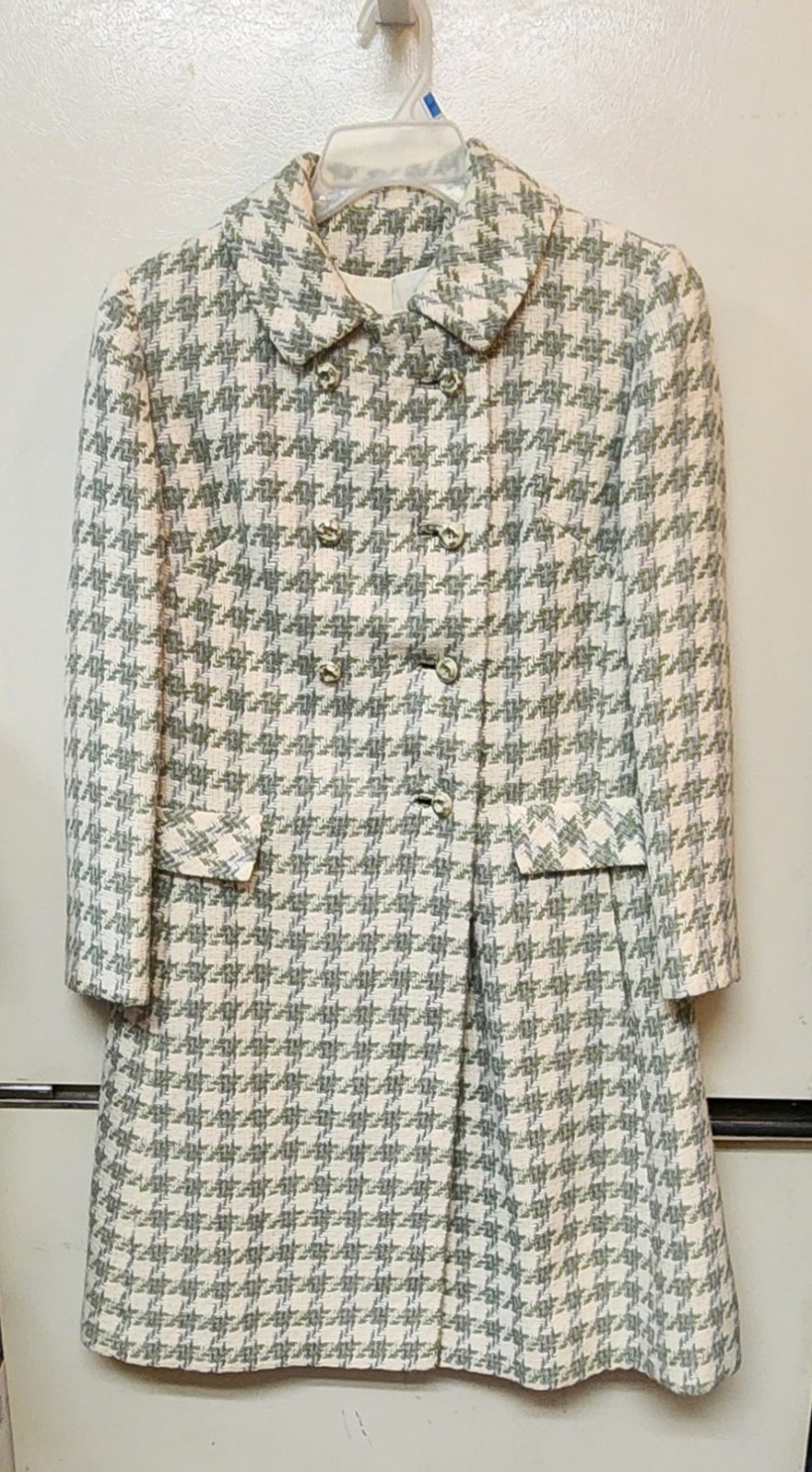 Vintage Bromleigh Green/Cream Houndstooth Coat Womens Sm/Med Lined In Euc! 60’s
