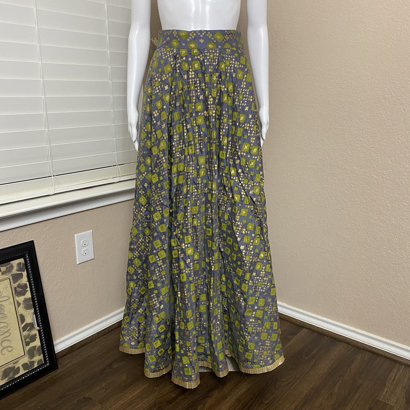 Vintage 50s Brocade Circle Skirt Floral Metallic Blue Green Full Sweep S/M