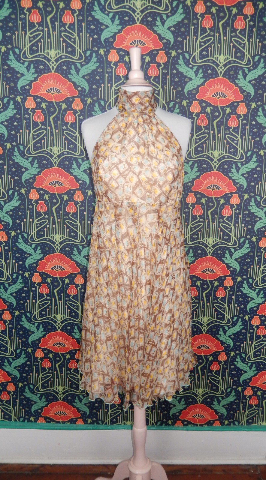 Vintage 90’s Y2K Brown Yellow Blue Romantic Silk Chiffon Femme High Neck Dress