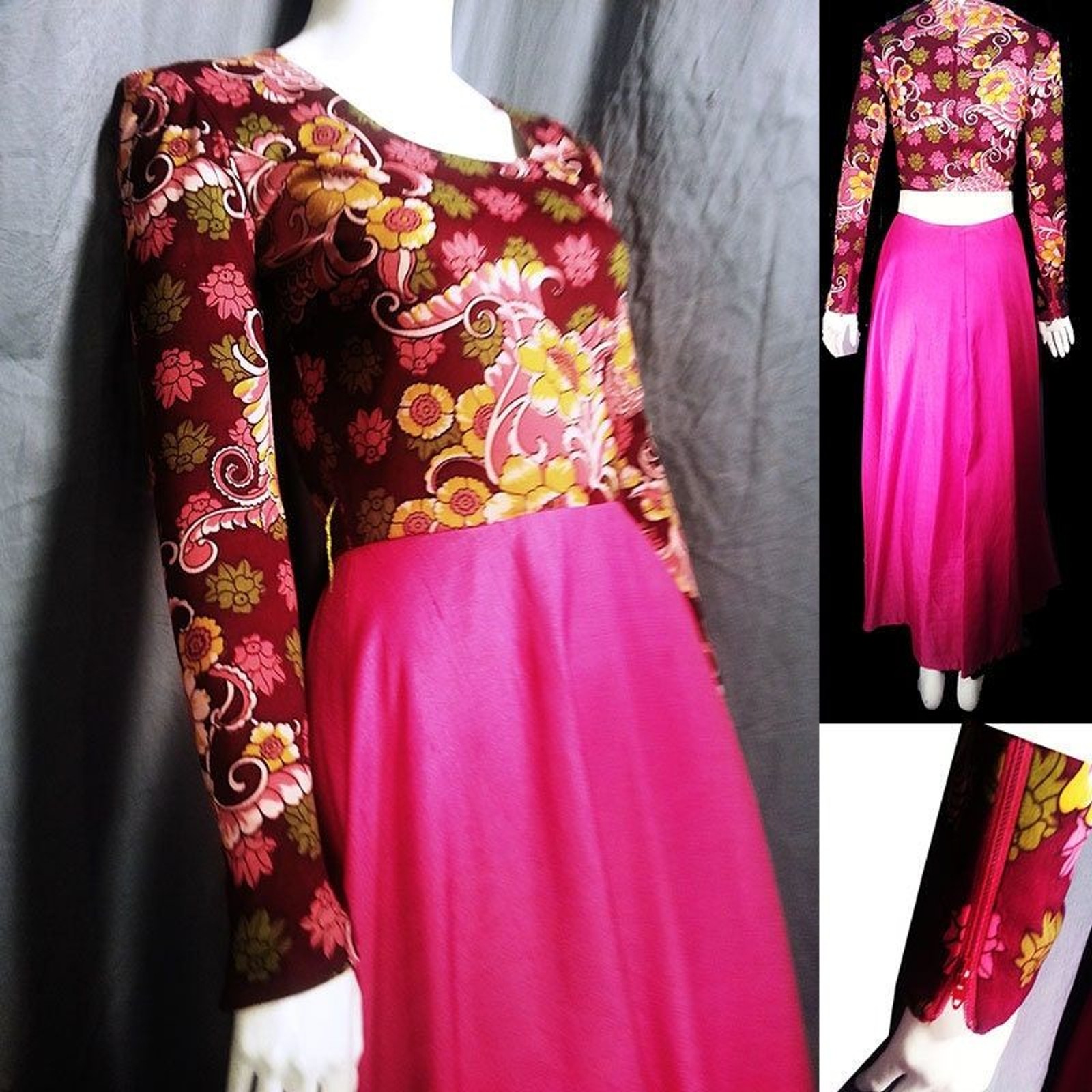 Vintage 70s boho mod floral maxi hot pink skirt boho gown party hostess dress xs