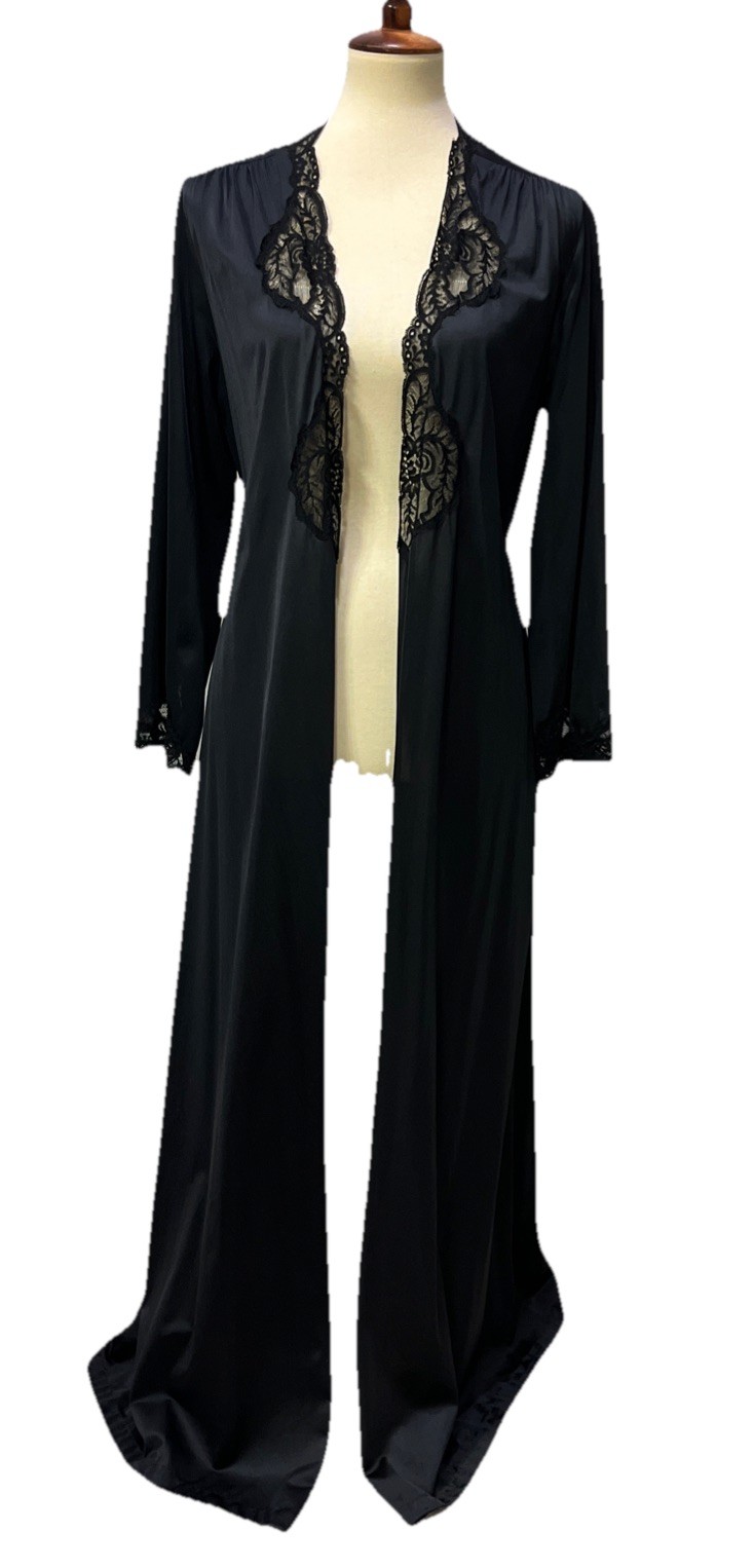 Vintage 70-80s Olga Black Silky Nylon Lace Robe M USA 94250 Glamorous READ!