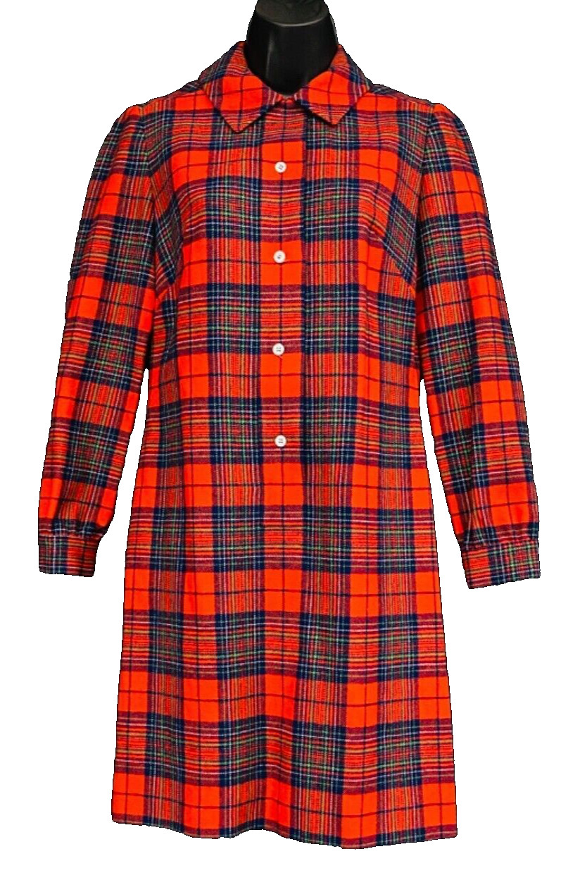 Vintage 1970s red wool plaid mini dress, long sleeve Pendleton shirt fall winter