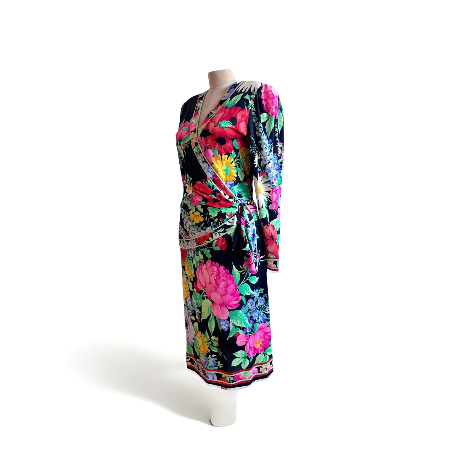 Leonard Paris 1990s Floral Print Jersey Wrap Dress Bergdof Goodman sz 8 France