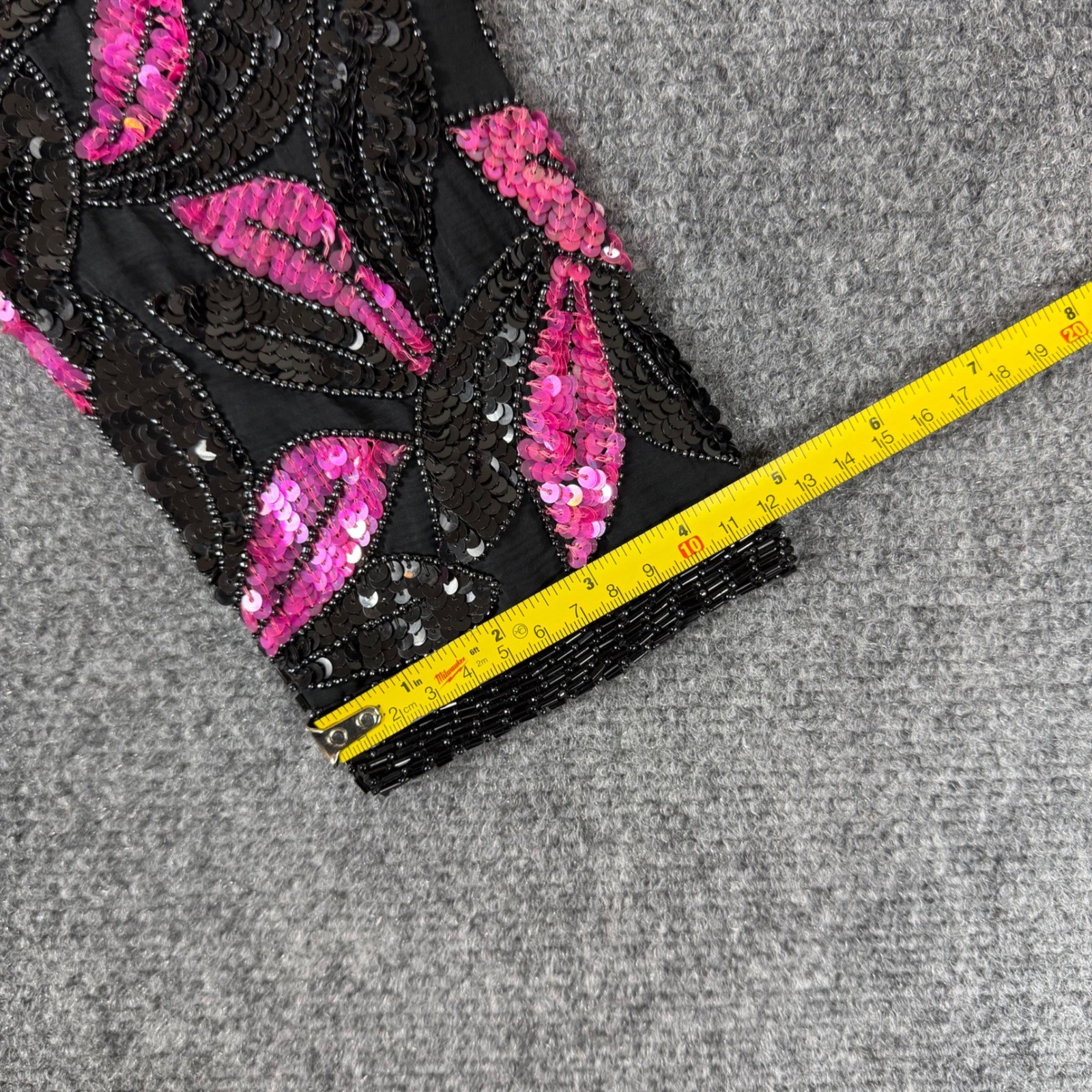Vintage Made in India Silk Beaded Sequin Pink Black Long Sleeve Shoulder Pad Med