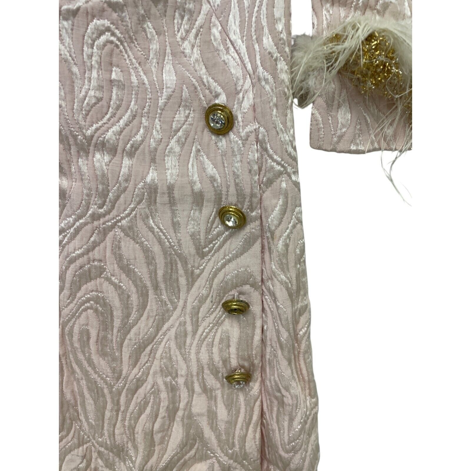 Vtg 60s Feather Cuff Brocade MOD Mini Cocktail Dress Buttons Small MCM Madmen
