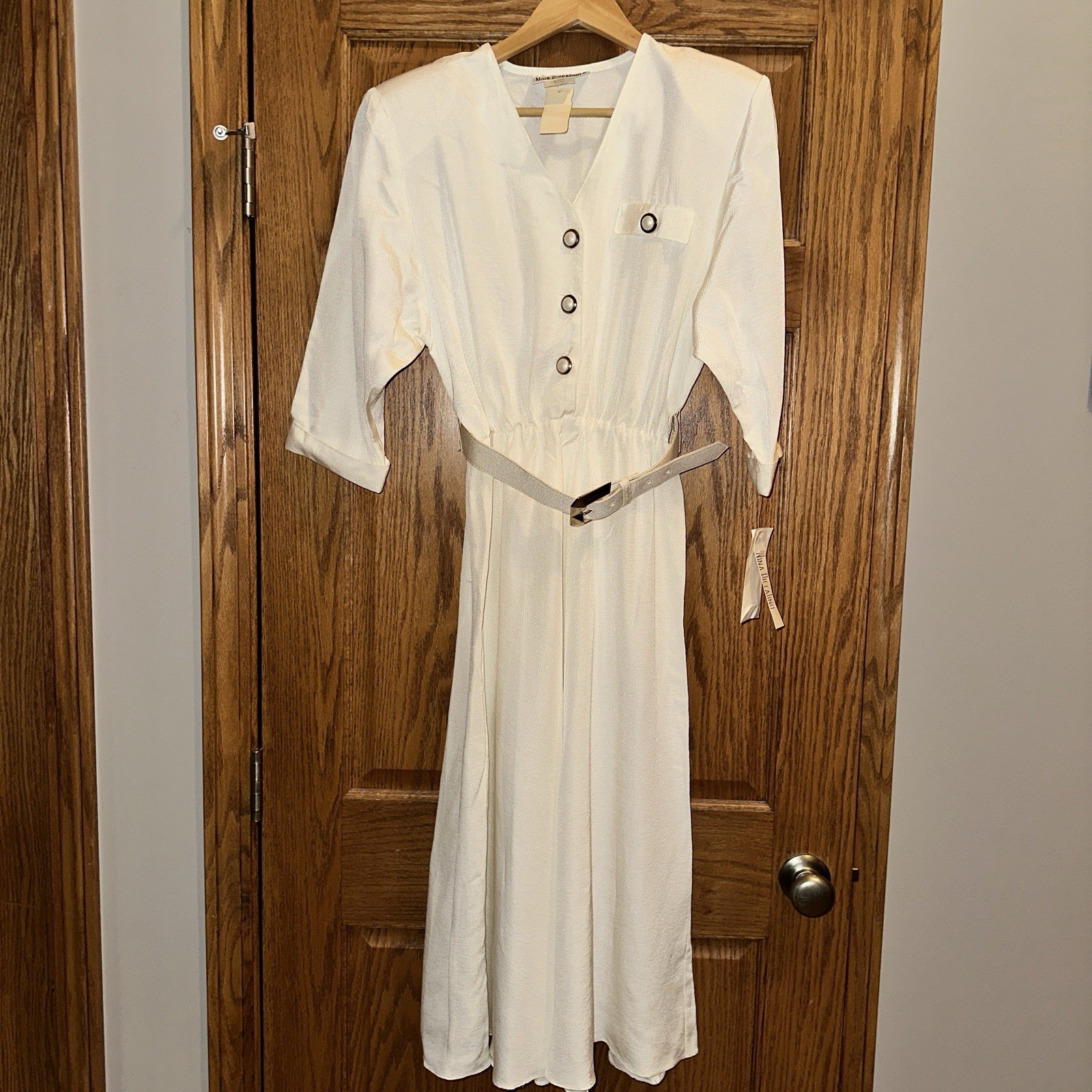 Vtg 80s Nina Piccalino 11 Dress Deadstock Ivory 7 Belted Midi Shoulder Pads USA