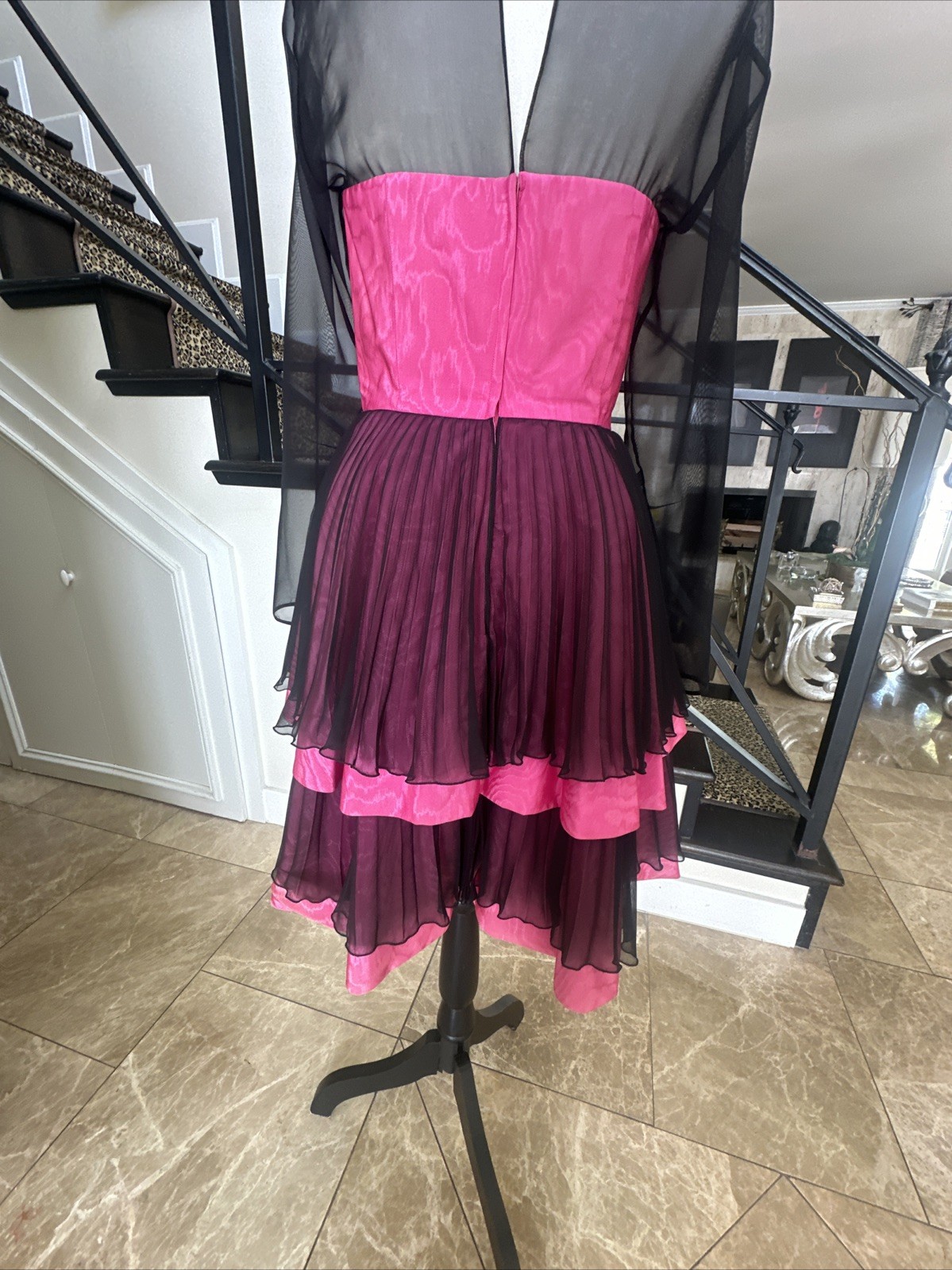 Guy Laroche 80s Pink Moire & Black Chiffon Corseted Tiered Pleated Dress 40