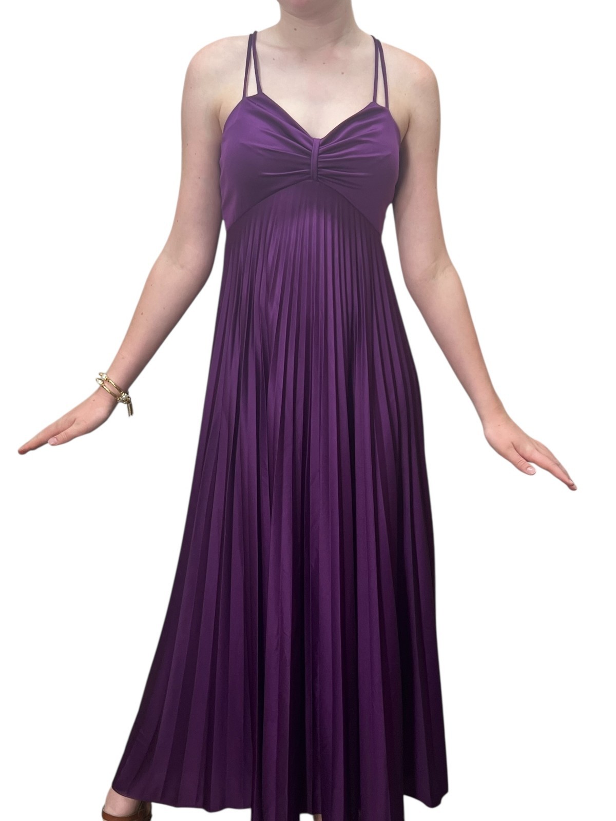 Vtg 70s S Empire Maxi Dress PURPLE Knife Pleated Skirt Double Spaghetti Strap