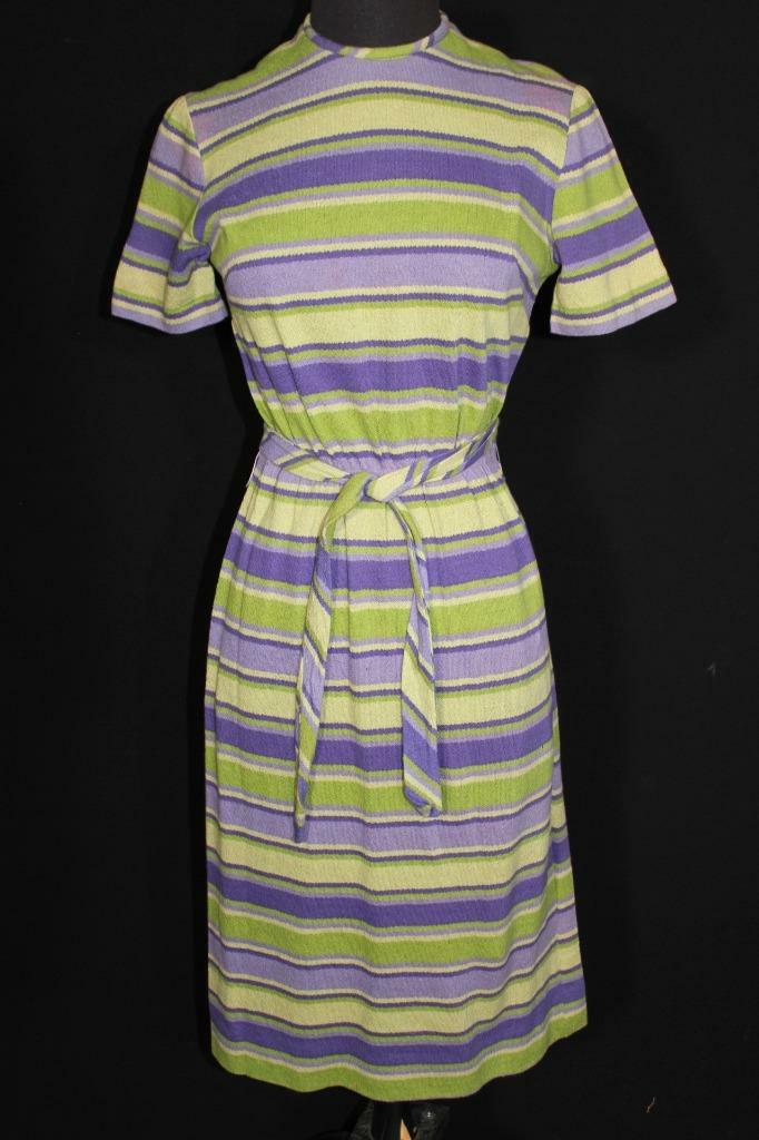 VINTAGE 1970’S DEADSTOCK NEVER WORN GREENS & PURPLE COTTON KNIT DRESS SIZE 6-8