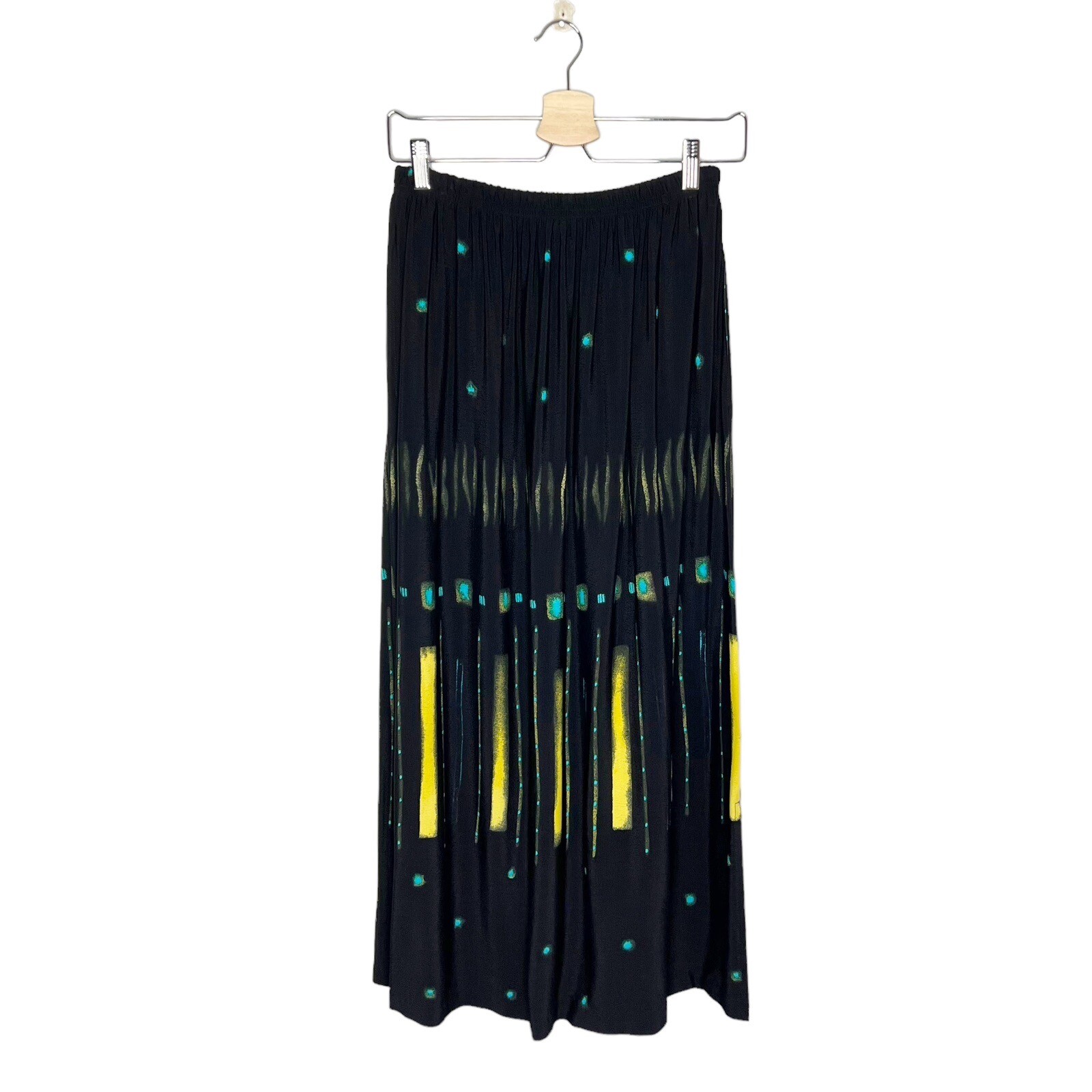 Vtg Nino Wong Rayon Black Teal & Bright Yellow Abstract Print Maxi Skirt Medium