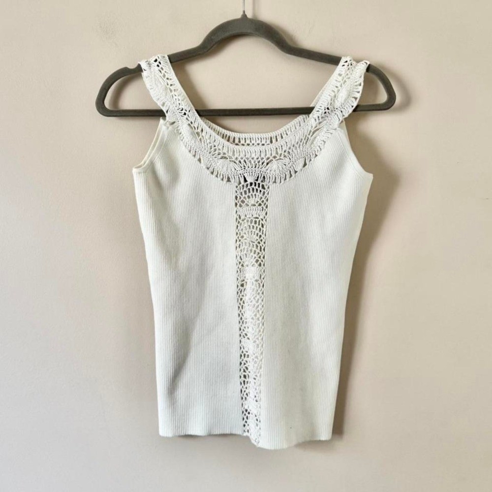 Vintage White Crochet Tank Cotton Medium Summer Scoop Neck