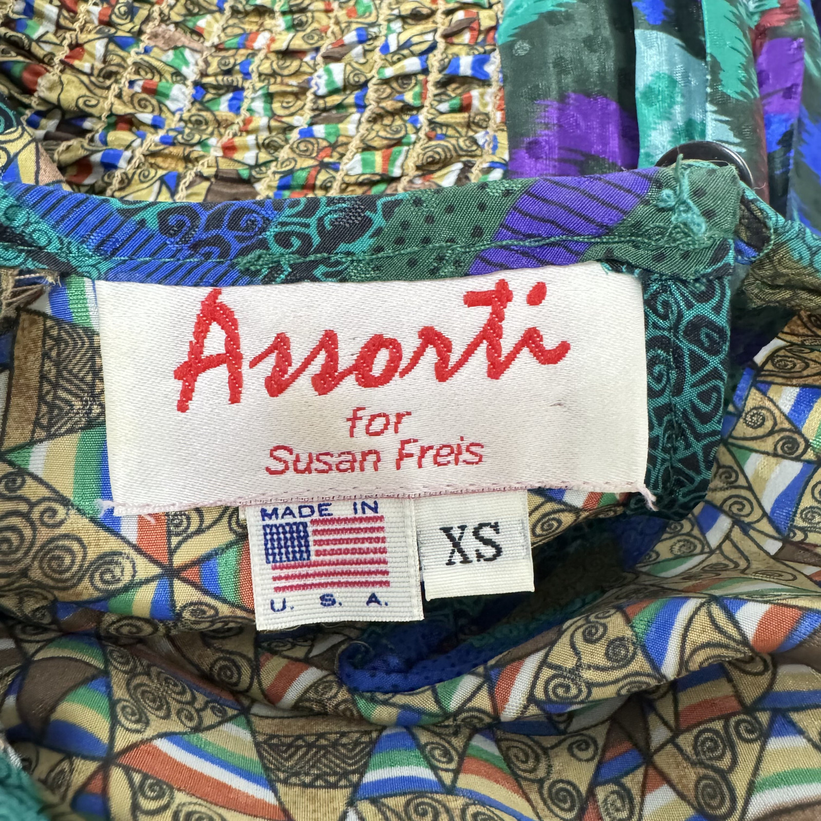 Vintage Assorti for Susan Freis women’s dress multicolor ballow sleeve size XS