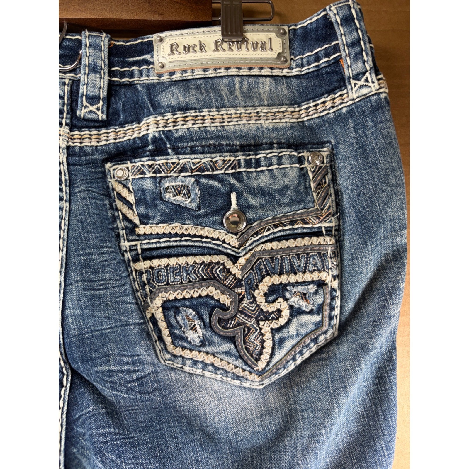 Rock Revival Hee Boot Jeans Womens 36×30 Blue Thick Stitch Flap Pocket Denim