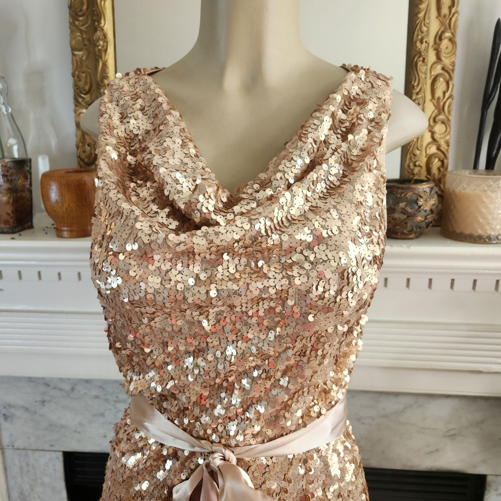 Vintage 90s Cache Gold Sequin Mini Dress Sz 4 Y2K Party Cowl Stretch Party Glam