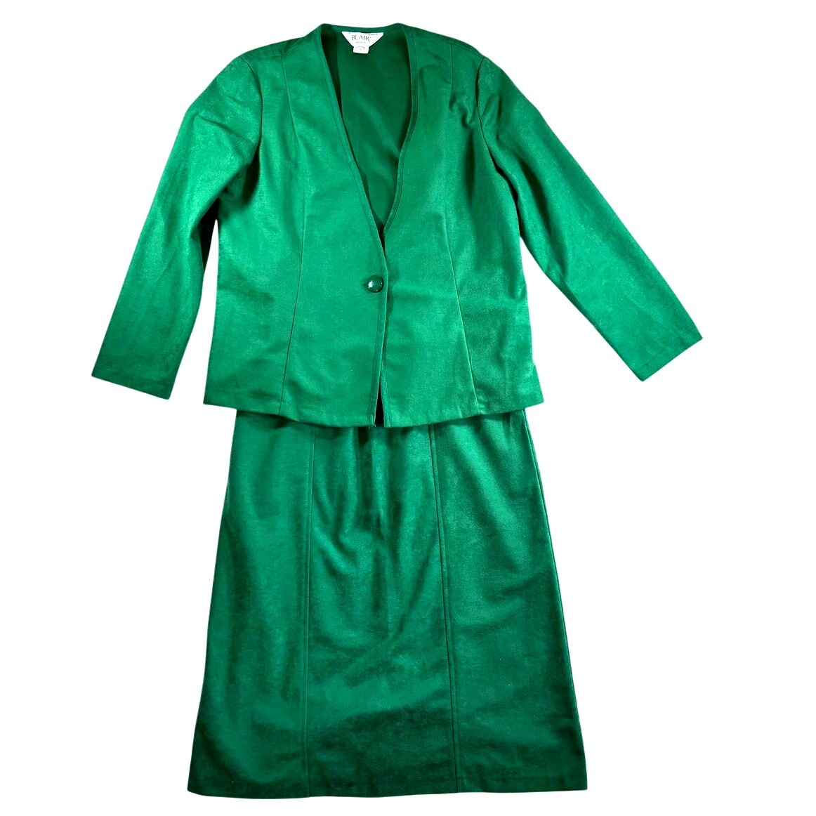 Vintage 70s 80s Blair Kelly Green Blazer Jacket Suit Skirt Shoulder Pads