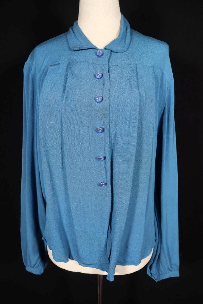 Vintage 1940’s WWII Era French Blue Silky Rayon Blouse Size Plus 44″ Bust