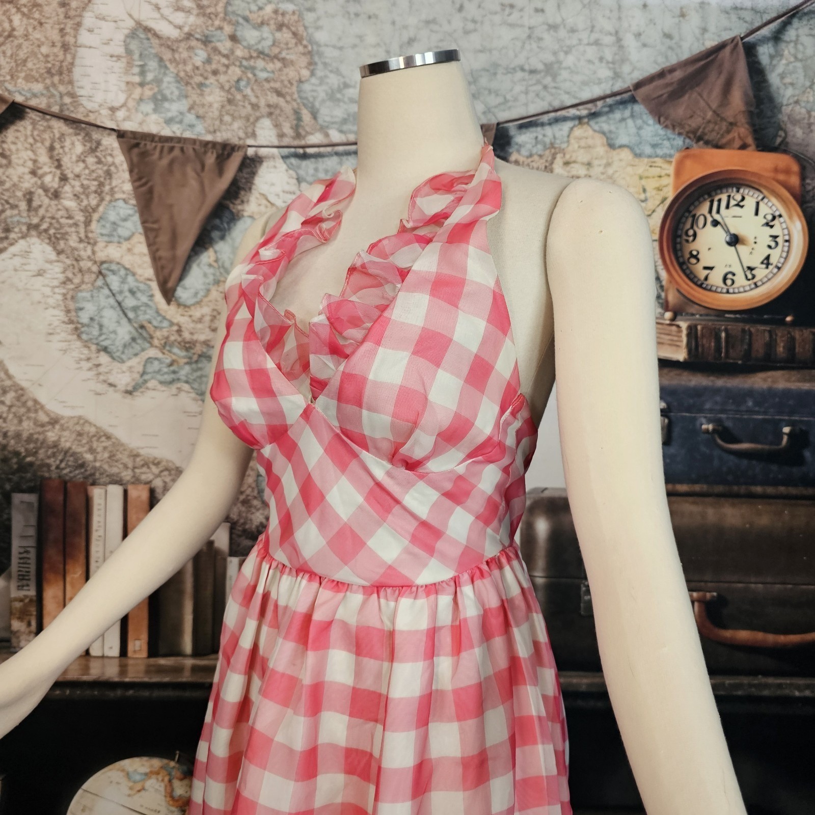 Vintage 1970s Maxi Dress Sundress Pink and White Gingam Check Ruffled V-Neck