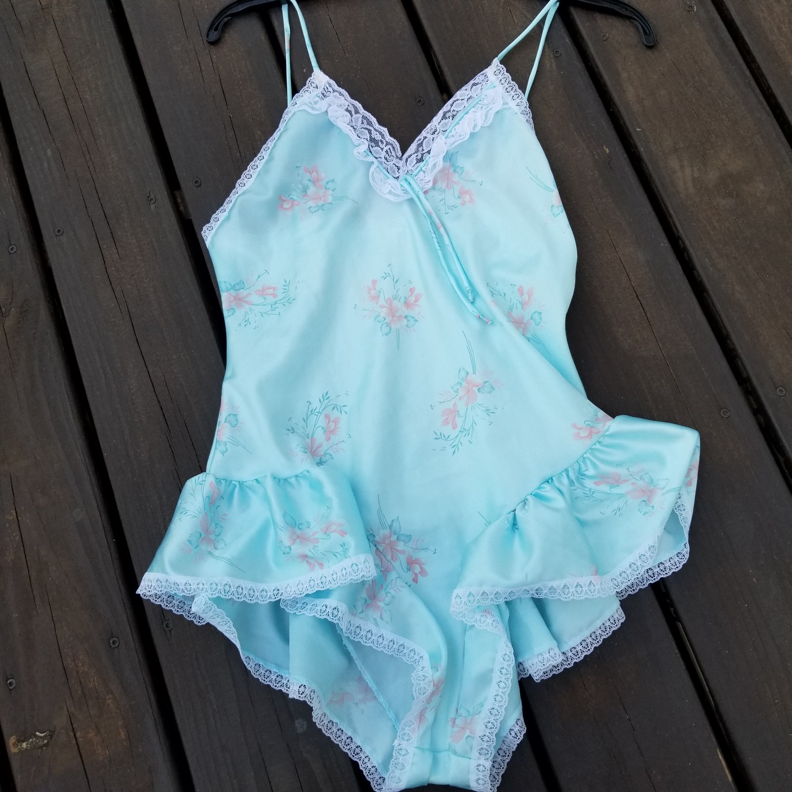 Miss Diva New York Vtg 80s Ruffled Teddy One Piece Nightie Blue Pink Floral M