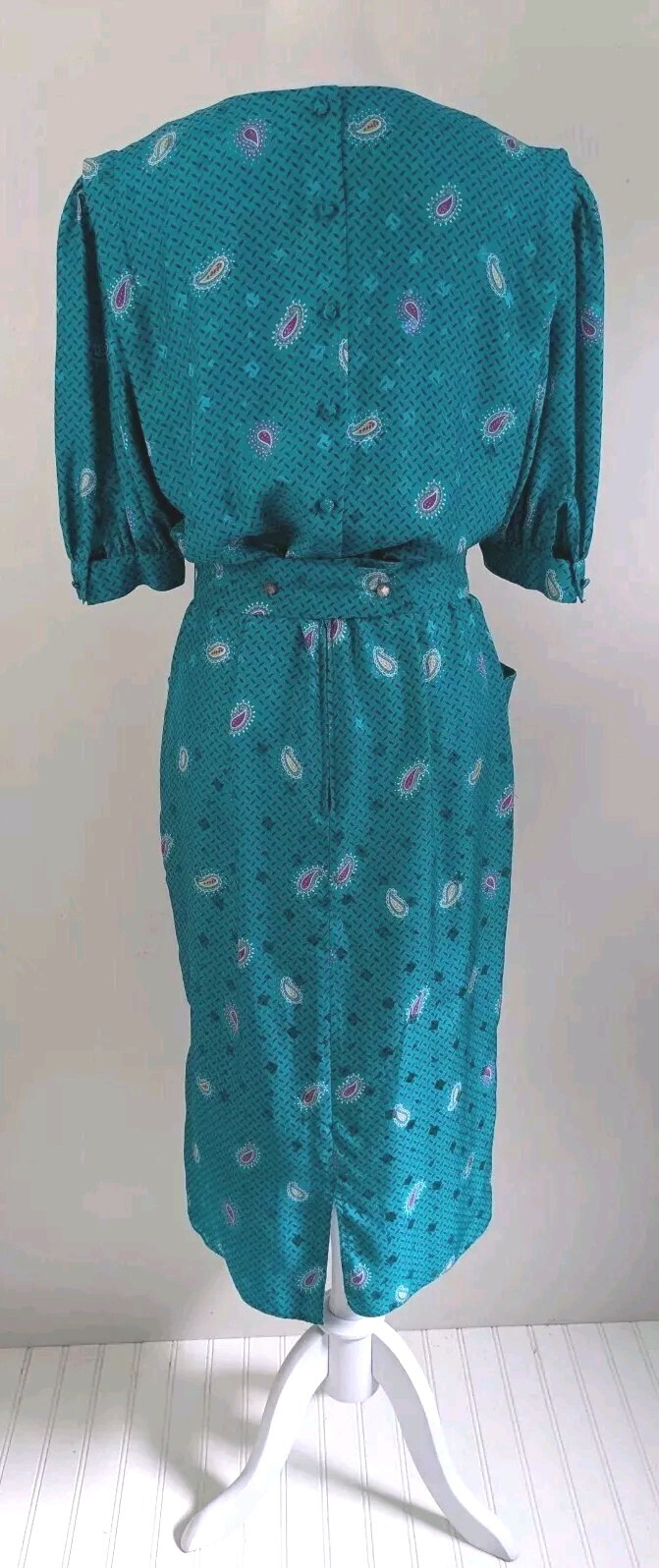 90s Maggy London 100% Silk Day Dress Jewel Tone Teal Classic Old Money Secretary