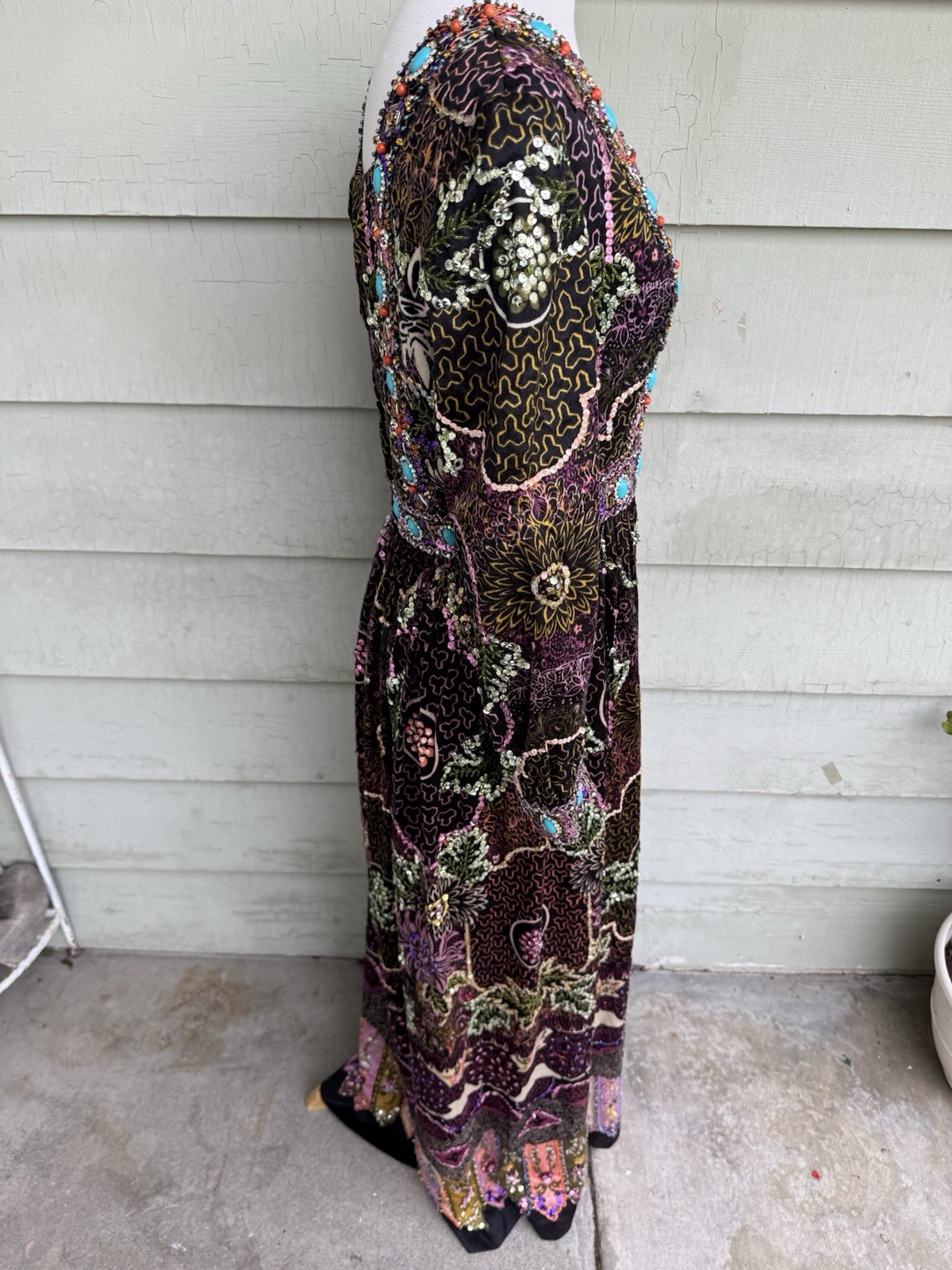 70’s Valentina Ltd Embellished Maxi Dress 12 Boho Sequin Jewels Hostess Gown 28”