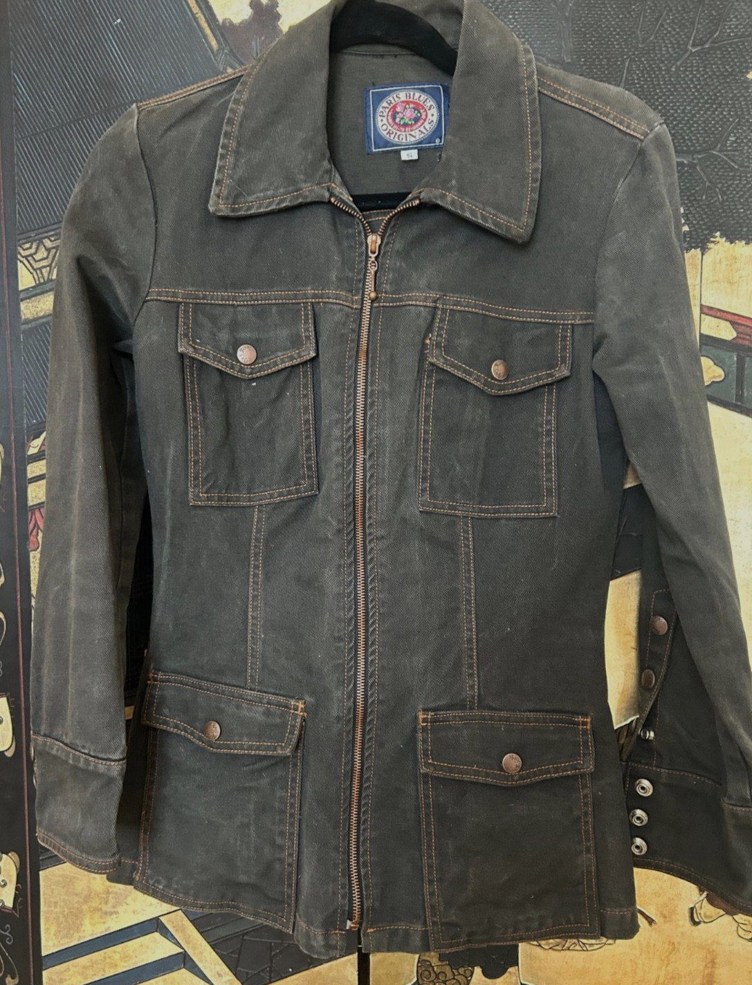 VTG 90s Paris Blues Originals Black Denim Jacket Zip Up Front Pockets Juniors S