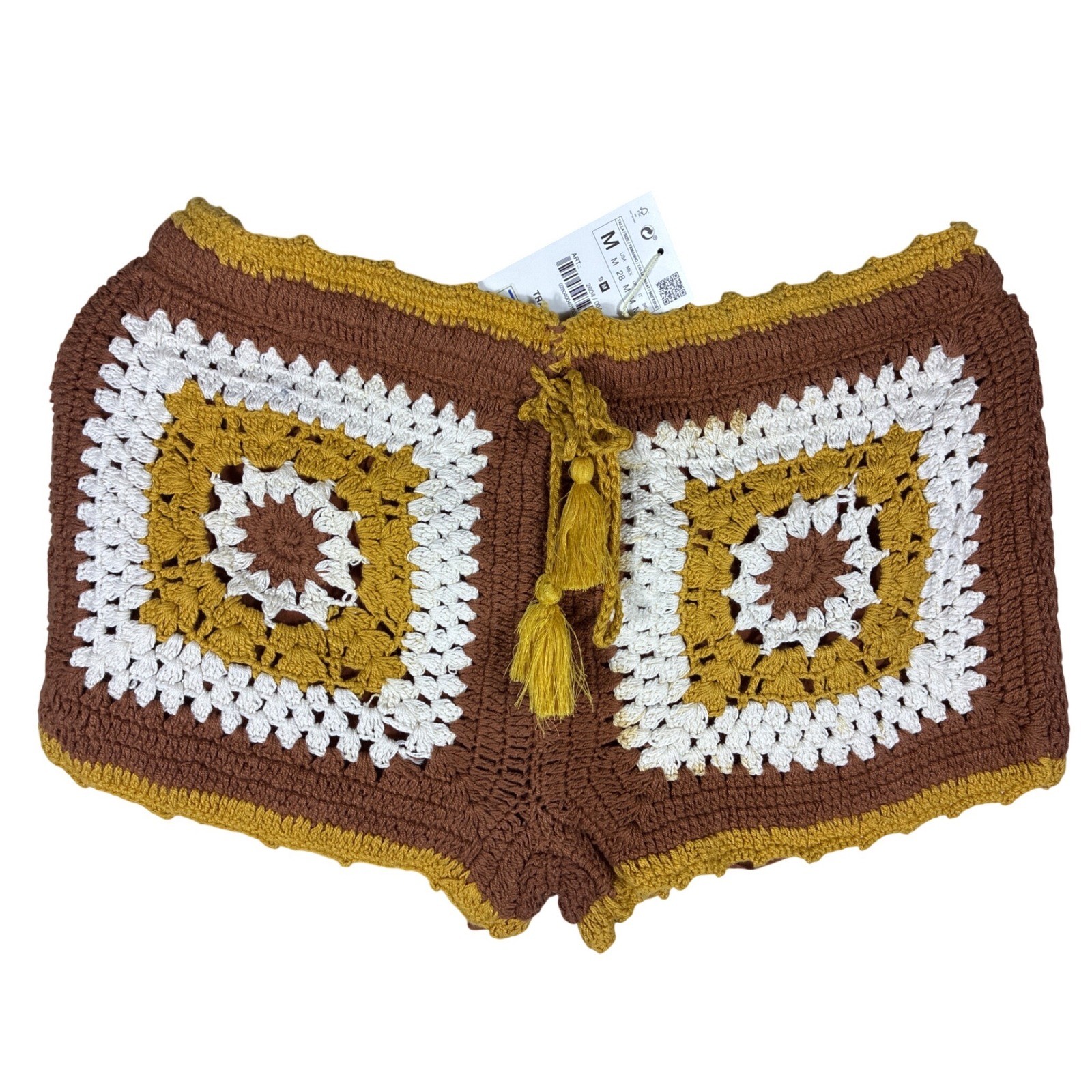 Zara Boho Crochet Shorts Knit Festival Hippie Tie Waist Retro Womens Sz M