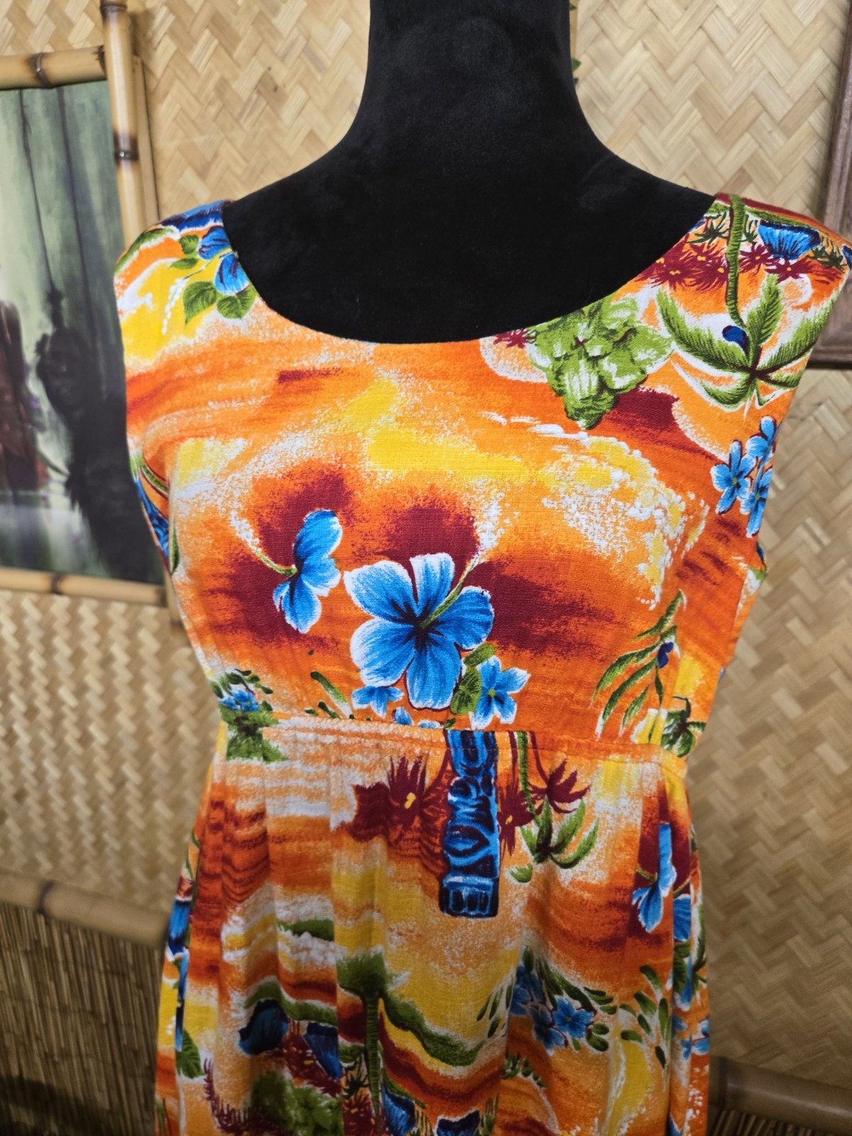 Vintage Hookano Brand Hawaiian Barkcloth Aloha Maxi Dress w1249