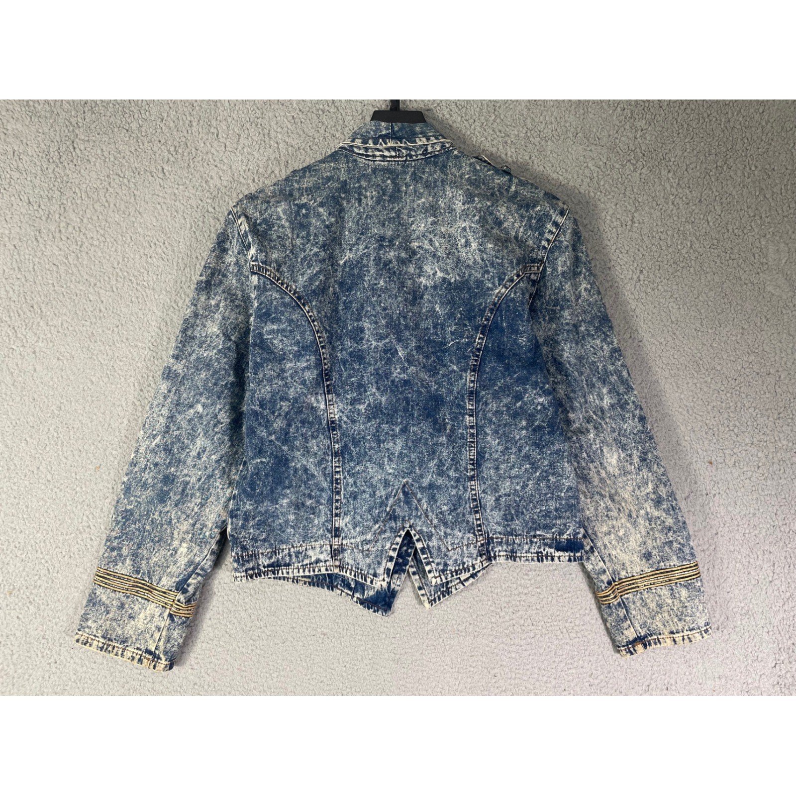 Vintage Acid Wash Denim Jacket Womens Small Military Embroidered 80s Crop
