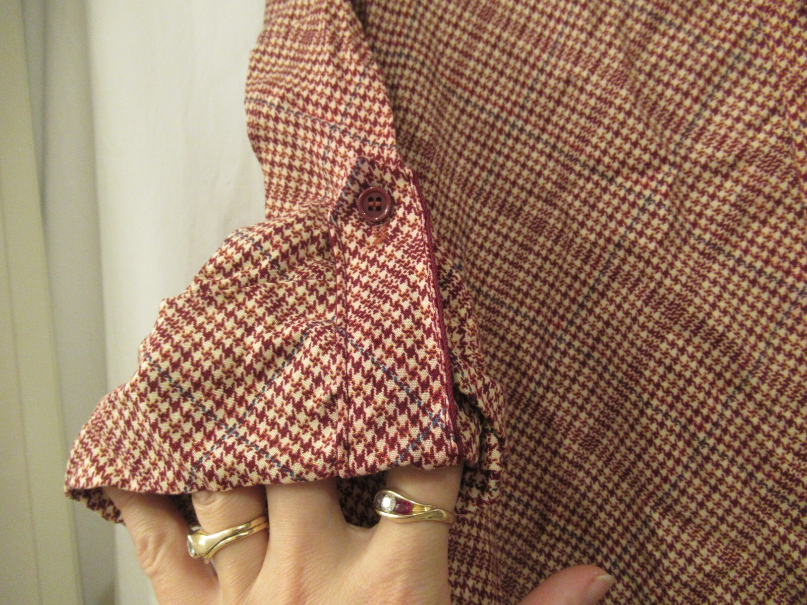 Joseph Magnin brown houndstooth plaid dress, unlined, sz. 5, 30″ chest