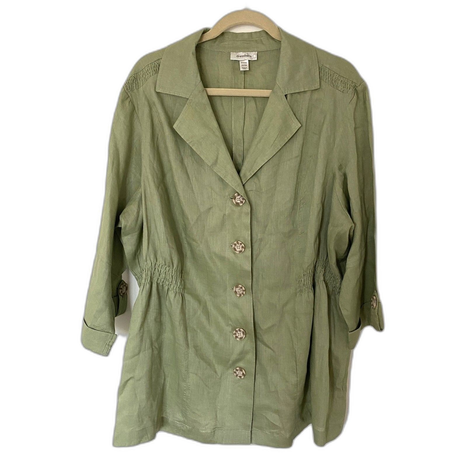 Dressbarn Linen Safari Jacket Green 3/4 Sleeve Button Lightweight Sz 22/24