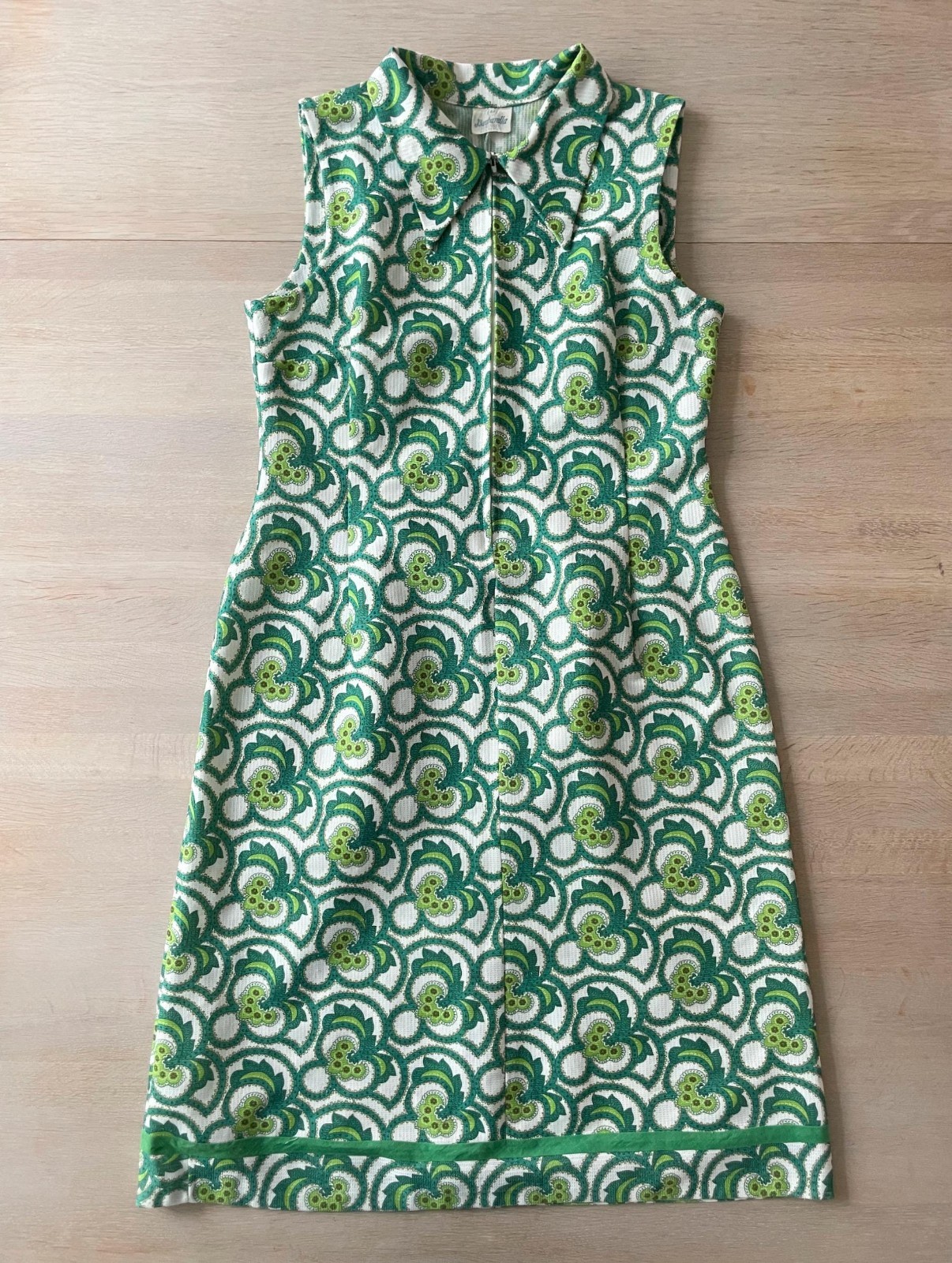Vintage 60s 70s Barbarella Mod Dress, Green Psychedelic Sleeveless Shift, Size L