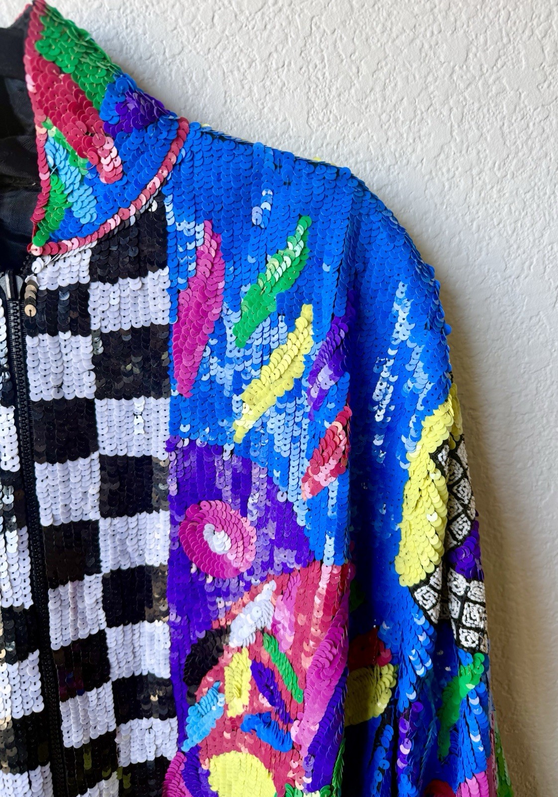 Vintage 80s Sequin Beaded Colorblock Art Deco Zip Jacket Statement Coat Glam XL