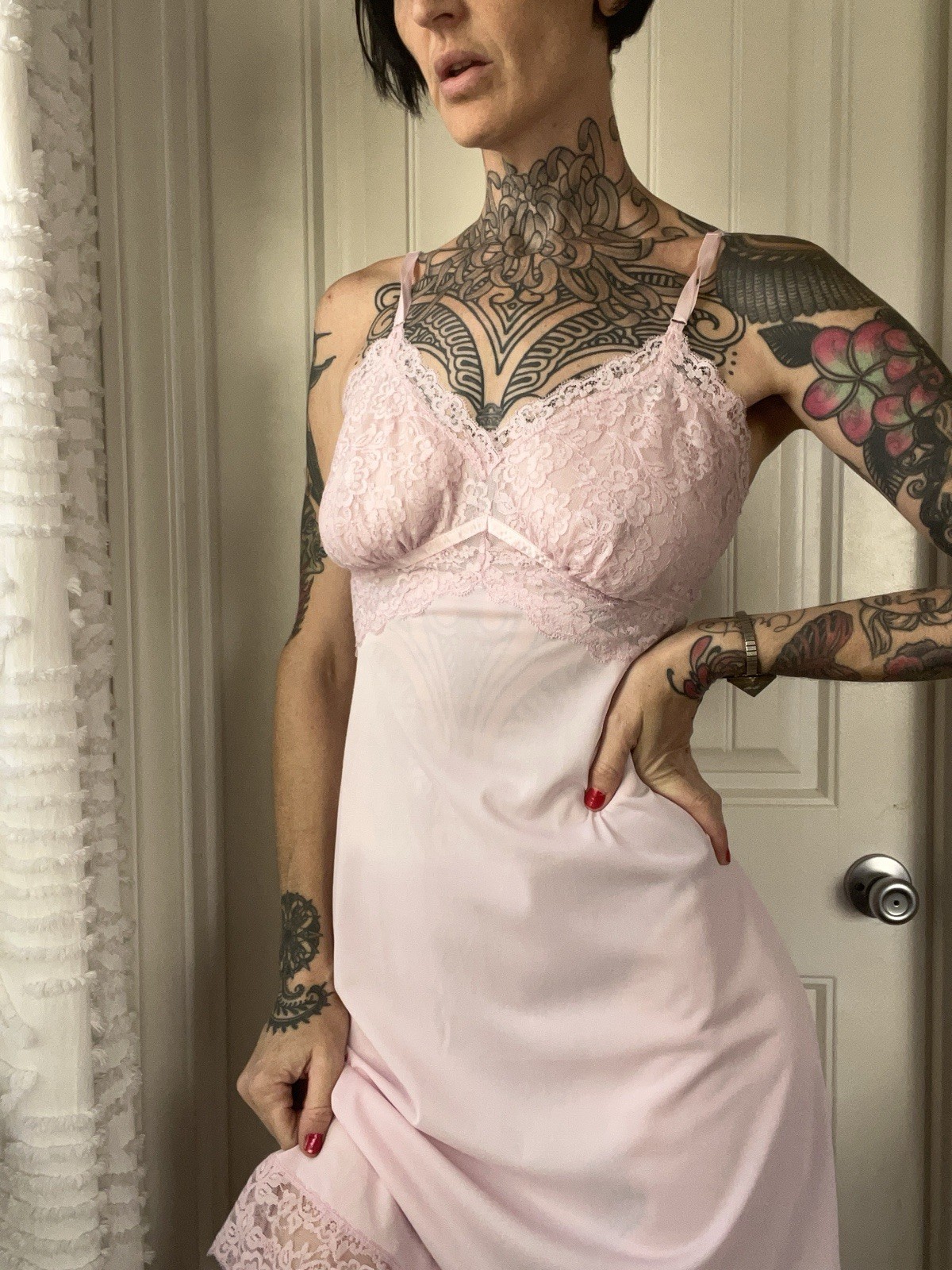 Vtg 50/60s Seamprufe Pink Nylon Slip Dress W Floral Lace Made In USA Coquette 34