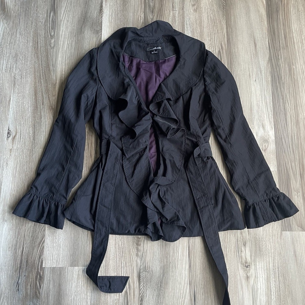 Vintage Willi Smith Black Witchy Vamp Front Clasp Jacket w Belt Flowing Ruffles