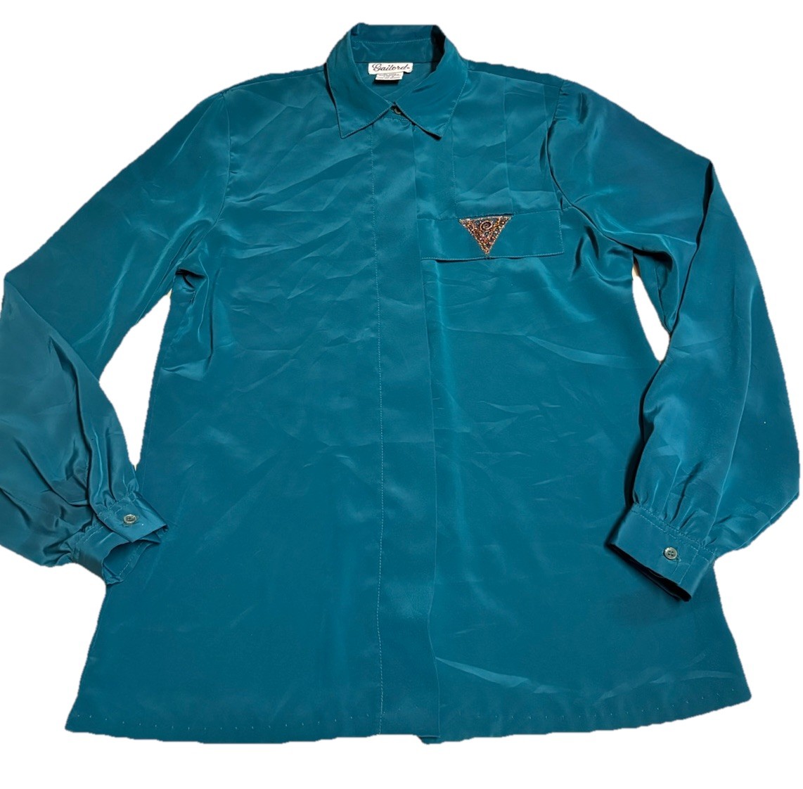 Vintage Gailord Turquoise Teal Polyester Button-Down Collared Women’s Blouse 8
