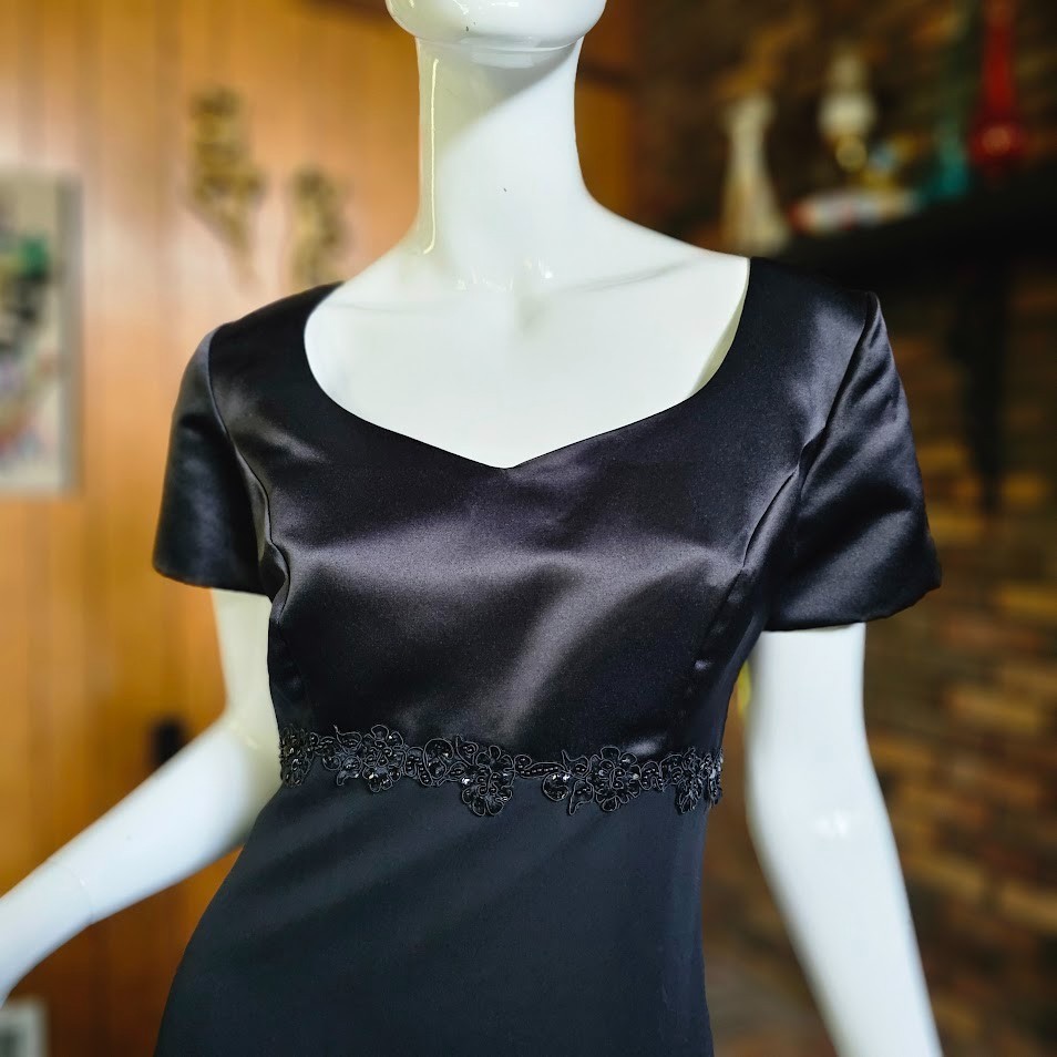 Vtg 90s Curvy Goth Black Chiffon Waterfall Maxi Fiesta Prom Formal Dress Gown L